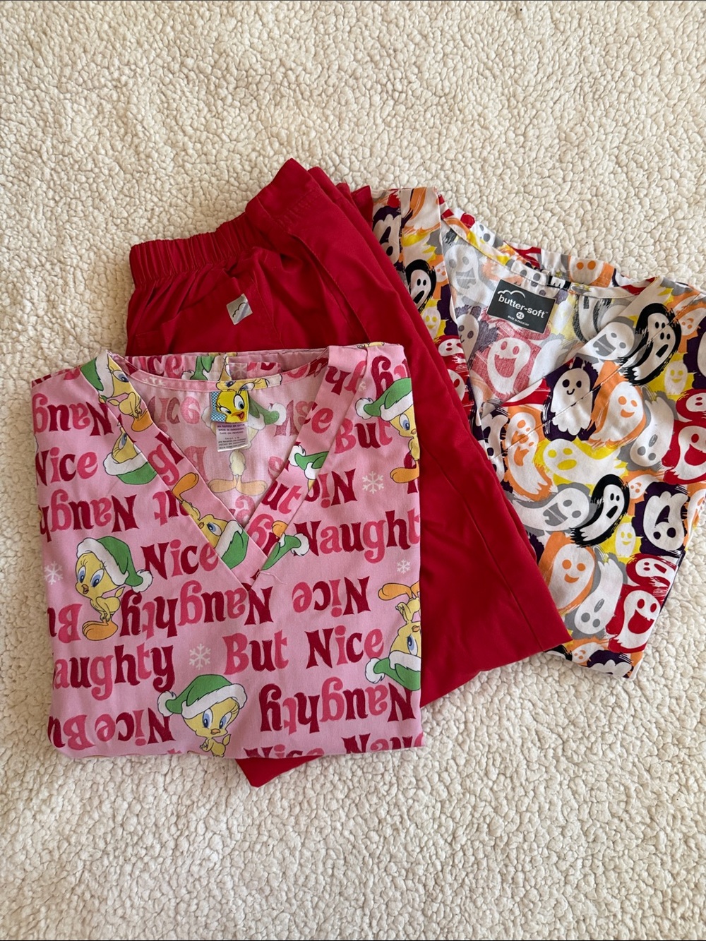 Scrub set Nice Naughty'Top and Butter soft ghost top with Buttersoft Red Pants